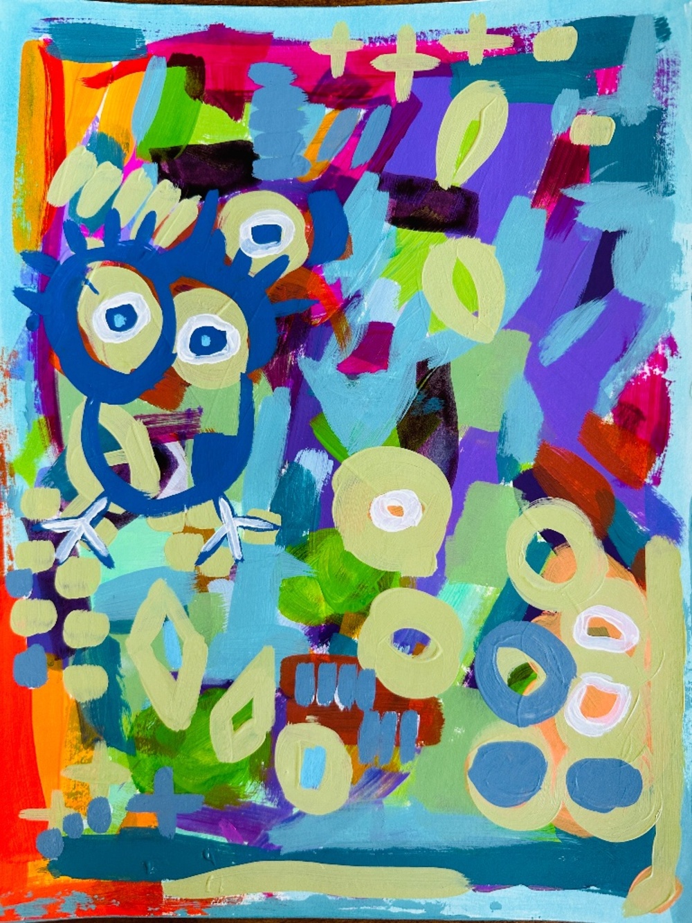 Original Painting Abstract Owl & Flowers Acrylic Paper 9" x 12" Signed Back OOAK